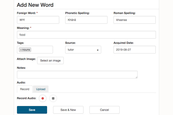 Form for adding foreign words and meanings to a word log