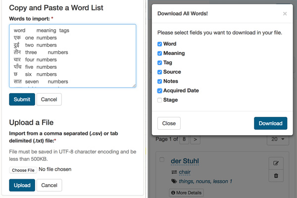 Foreign vocabulary import and export features